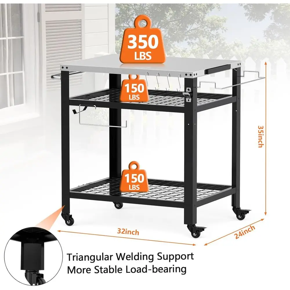 Stand Oven Pizza Ooni dengan Kapasitas 650 lbs, Troli Persiapan Tiga Rak, Troli Panggangan Luar Ruangan Beroda
