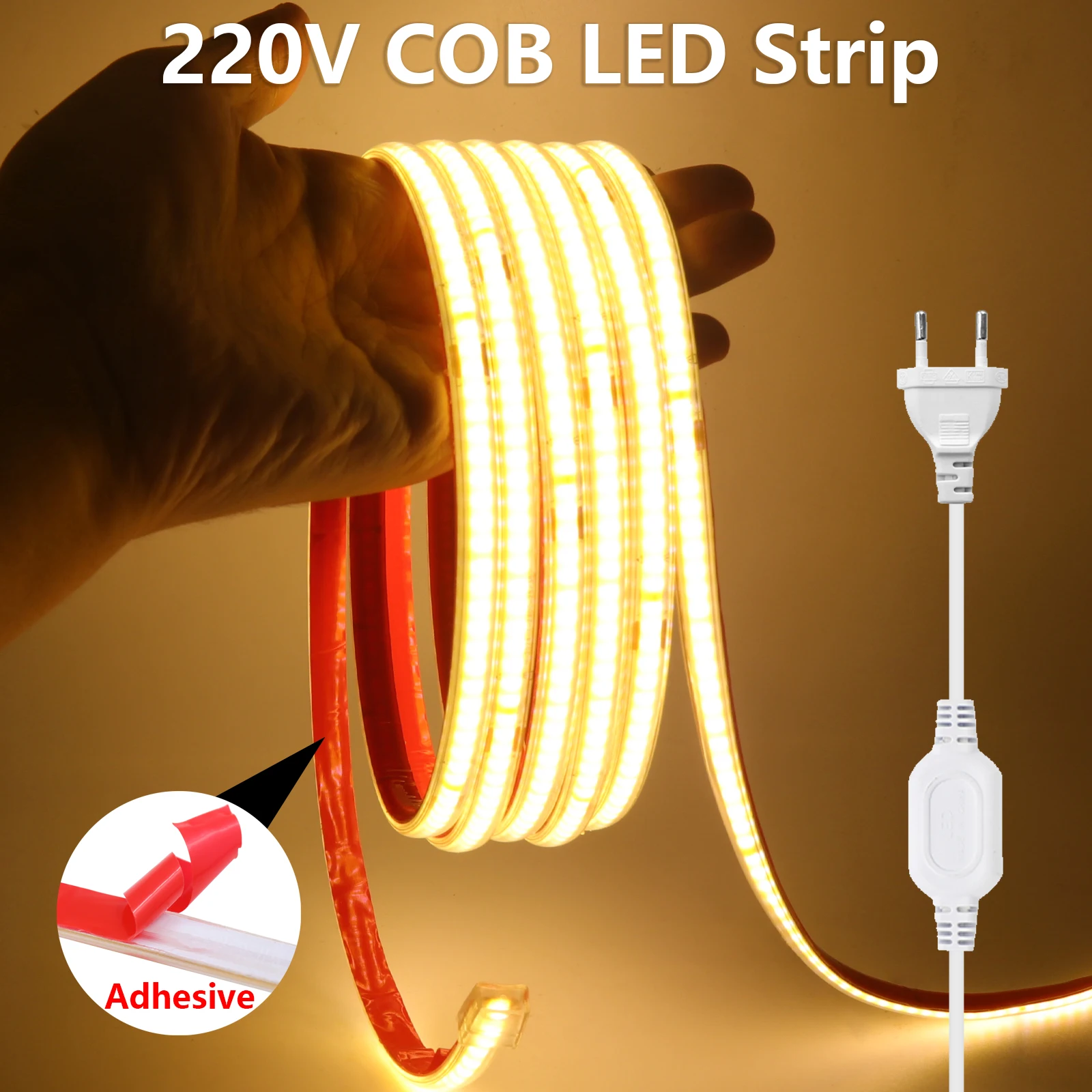 

LED Strip 220V Adhesive High Brightness COB Led Strip Waterproof LED Tape Flexible Ribbon For Room Outdoor Garden Lighting