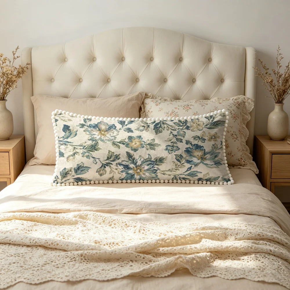 1PC Linen Background with Blue Grey Large Flowers and Dark Green Leaves, Watercolor Floral Long Pillow Cover with Pom Pom Trim