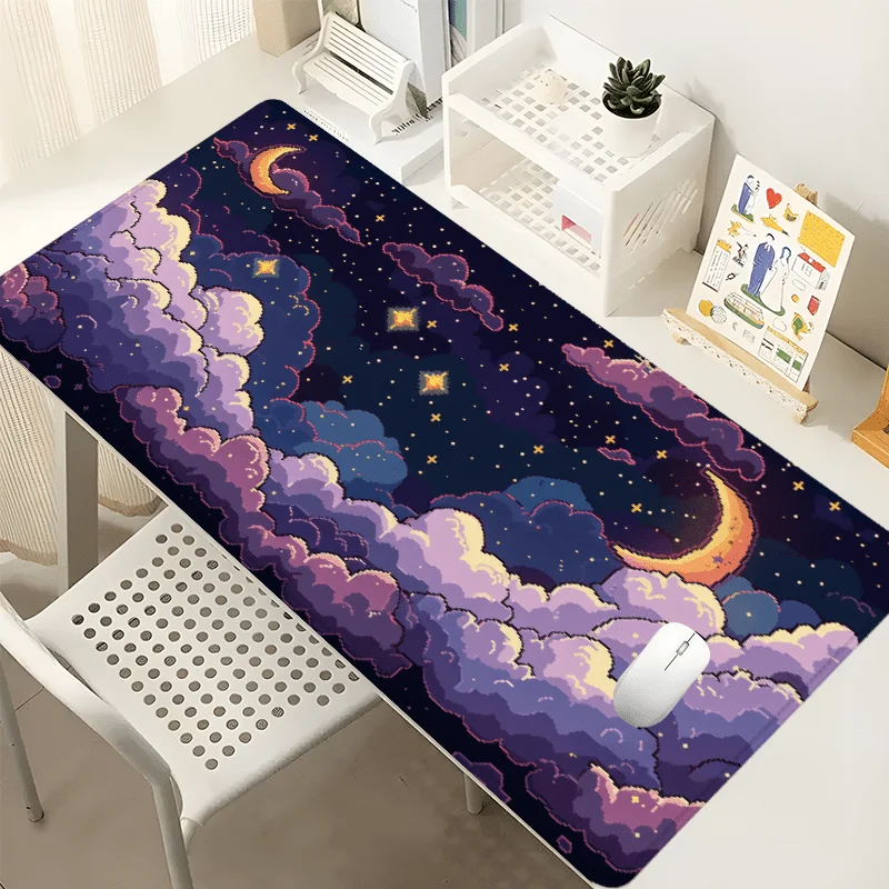 Purple Starry Night Cloud Mouse Pad - Oversized Dreamy Gaming Desk Mat with Non-Slip Base - Stitched Borders, Rubber Base