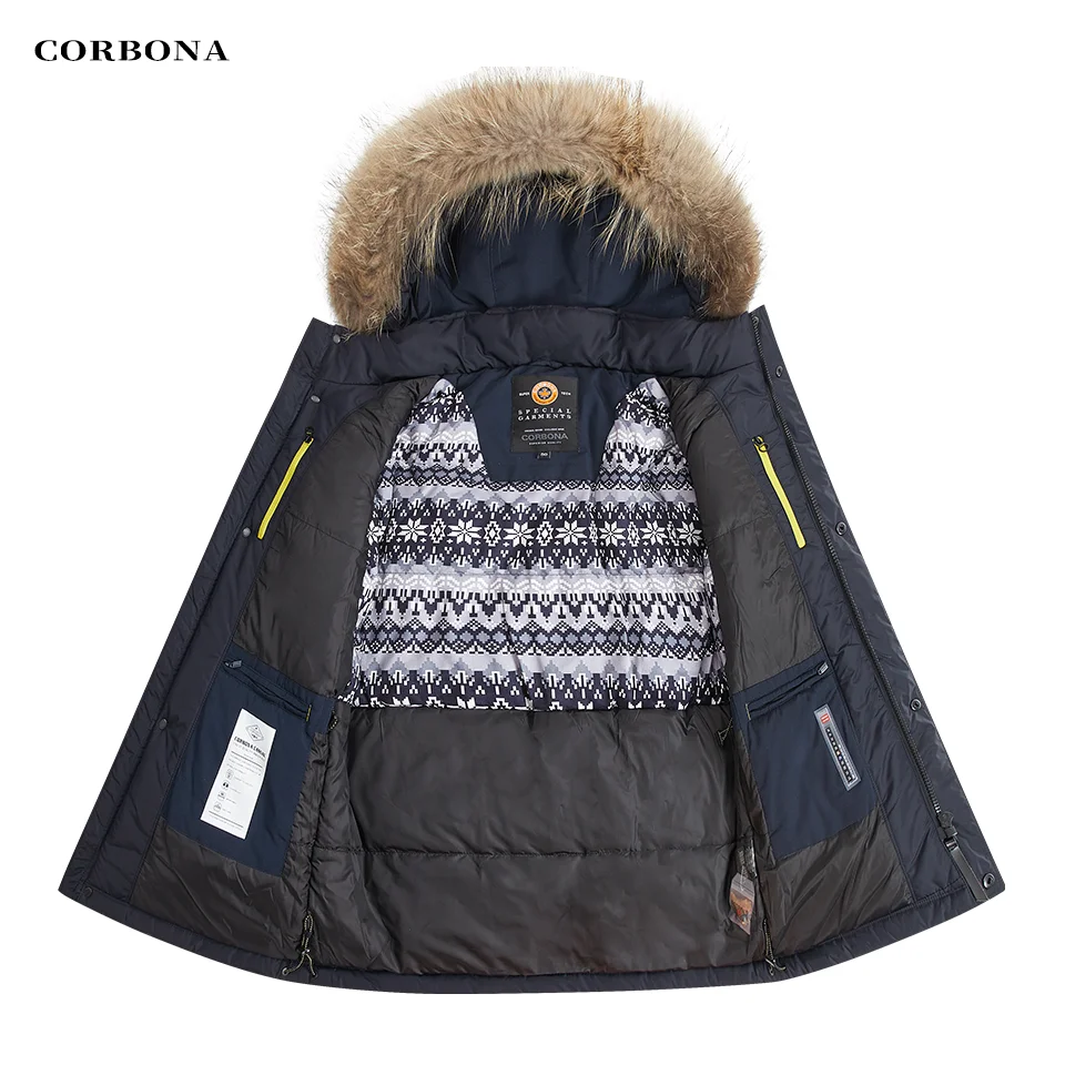 CORBONA 2023 Oversize Real Fur Cotton Lining Man\'s Winter Coat Multi Pockets Temperature Visualization Casual Fashion Male Parka