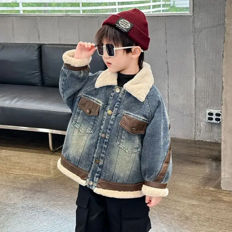 

Boys Velvet Coat Autumn/Winter Children's Thick and Warm Denim Jacket Top 90-160CM