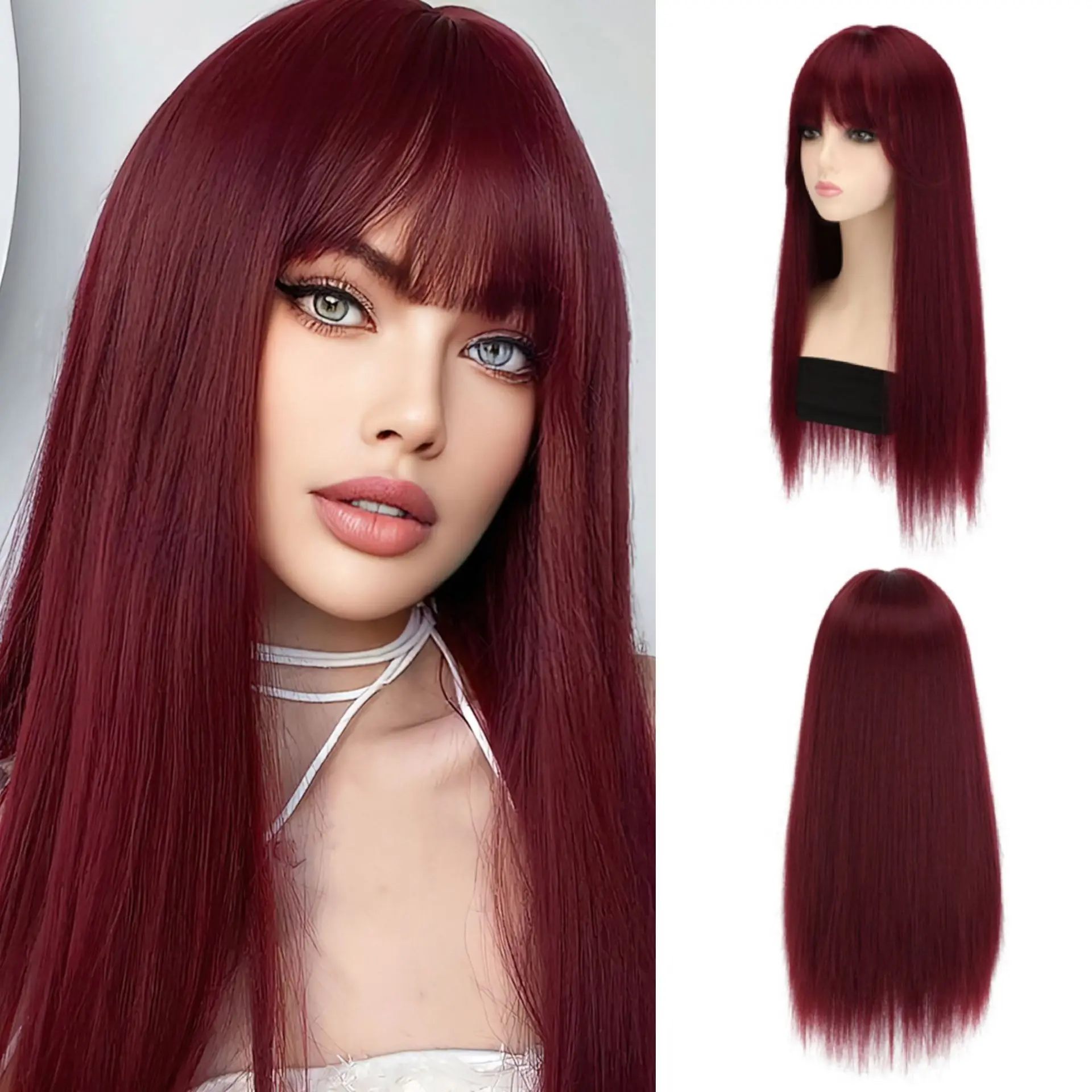 

Wine red 26-inch synthetic straight long wig for Halloween cosplay and daily use, high-temperature fiber wig cap.