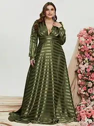 Plus Plunging Neck Long Sleeve A Line Gown