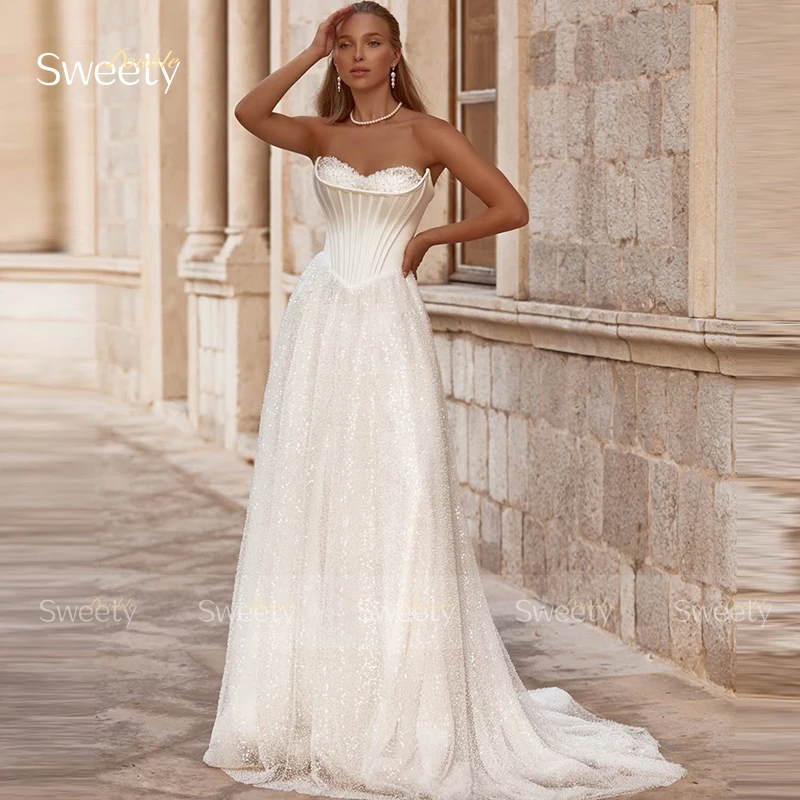 Shiny Weddingdress Fully Beaded With Satin A-Line Floor Length Strapless Sleeveless Ball Gown Customized  Vestido De Novia Butto