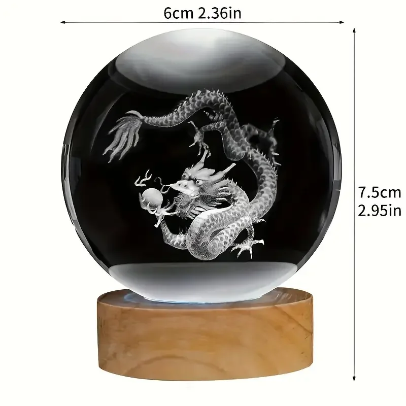 1pc 3D carved Chinese dragon crystal ball with wooden frame, home office decoration, birthday, Mother\'s Day, New Year gifts