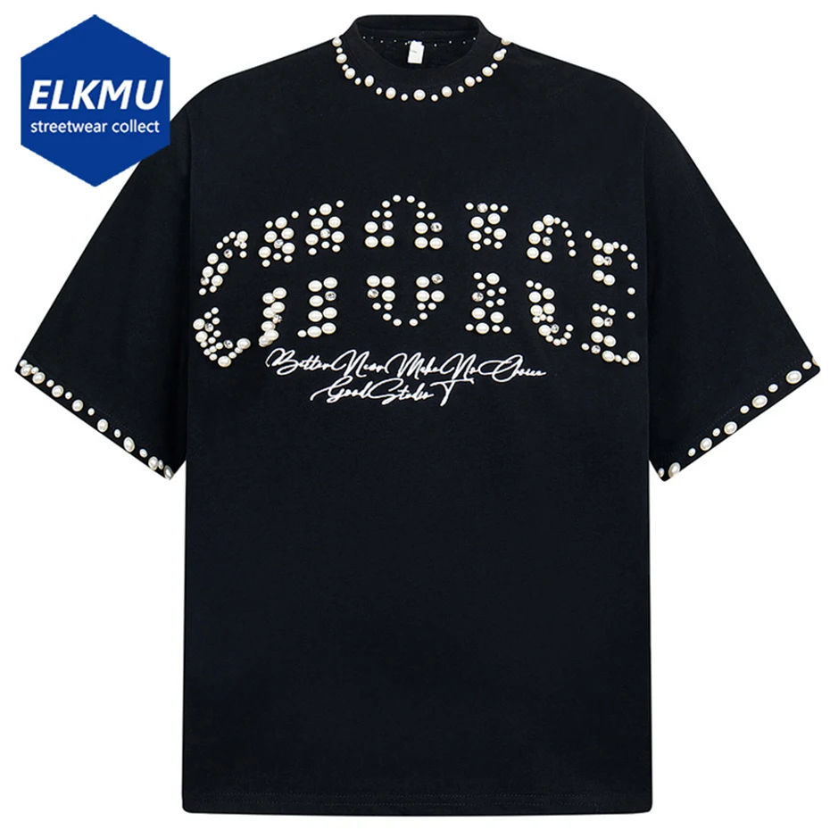 

Футболки с жемчугом, уличная одежда, Harajuku, хип-хоп, большие футболки, повседневные свободные футболки с короткими рукавами, черные футболки
