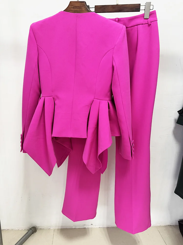 HIGH STREET Newest Fashion 2026 Designer Suit Set Women's  Ruffles Edge Blazer Flare Pants Set