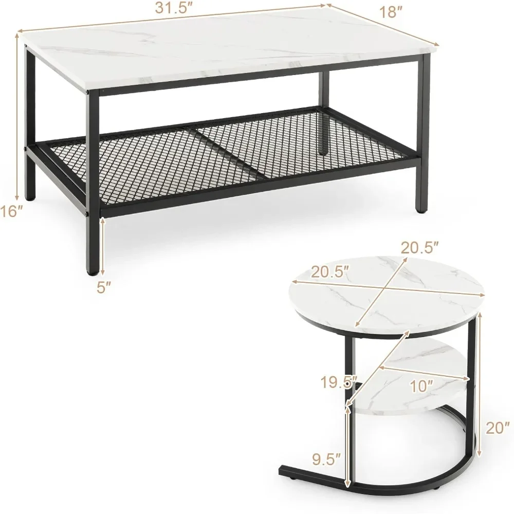 Nesting Coffee Table Set of 2, Detachable Rectangular Table & Round Table Set w/White Faux Marble Print,Sturdy Black Metal Frame