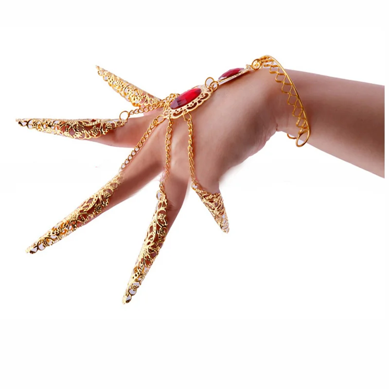 Songyuexia Belly Dance Fingernai Wrap Cover India Dance Red Nail Wrap Golden Long Nails Dance Jacket Belly Dance Fingernai Cover