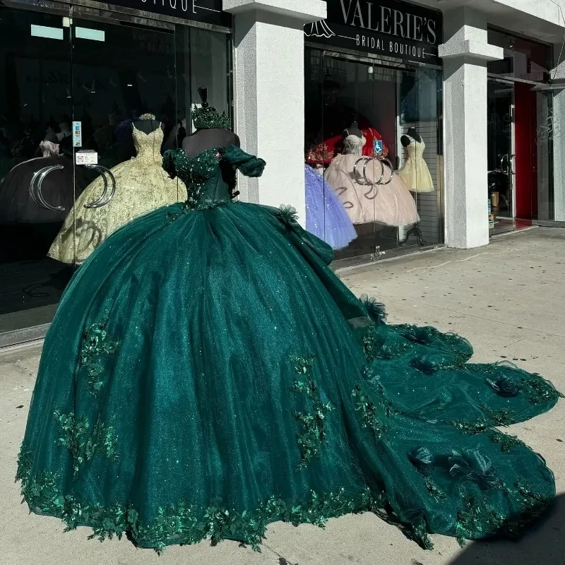 ANGELSBRIDEP Emerald Green Shiny Quinceanera Dresses Luxury Flowers Beading Lace Vestidos De 15 Anos Birthday Party Customized