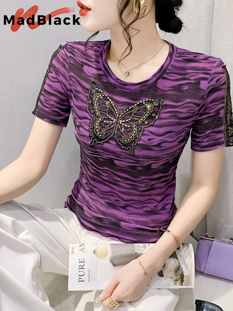 MadBlack Summer European Clothes T-Shirt Women Sexy Crew Necks Hollow Out Butterfly Slim Tops Short Sleeves Bottoming T34744M