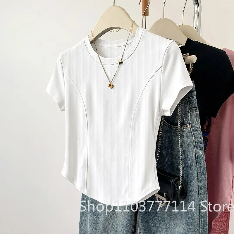 Damen Sommer Kurzarm-Oberteil für Mode, Vielseitiges Basis-Shirt, Hochwertiges Rundhals-T-Shirt, Lässig und Atmungsaktiv und Kühl – Detail 1