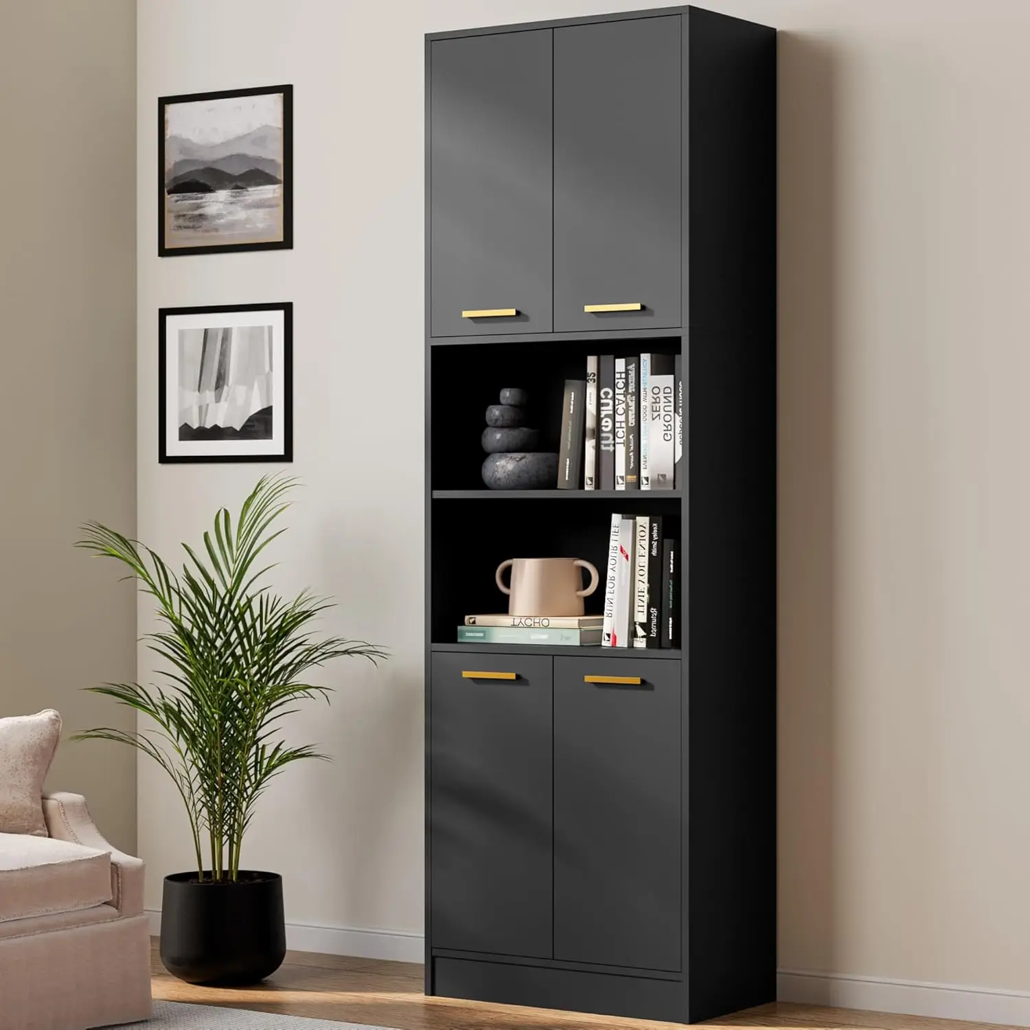 

Kitchen Pantry Cabinet, 75" Tall Wood Storage Cabinet with Doors and Shelves, 4 Doors Open Countertop Utility Hutch Cupboard