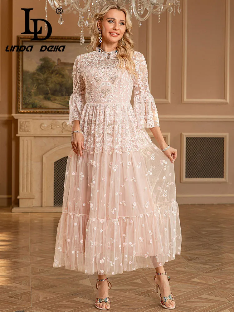 LD LINDA DELLA 2025 ملابس نسائية جديدة للربيع والصيف مطرزة بالماس فستان مأدبة على طراز القصر #4