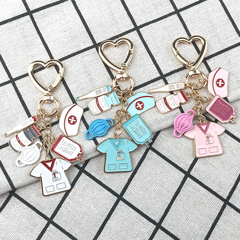 Adorable Enamel Medical Tools Keychain Thermometer Mask Infusion Pump Pill Bottle Nurse Hat Pendant Unisex Charm Gift