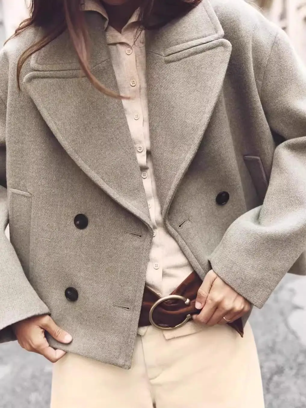 

Осень-зима, двубортное шерстяное длинное пальто-витер для поездок на работу, женское пальто обычной длины с двойным лацканом, модное...