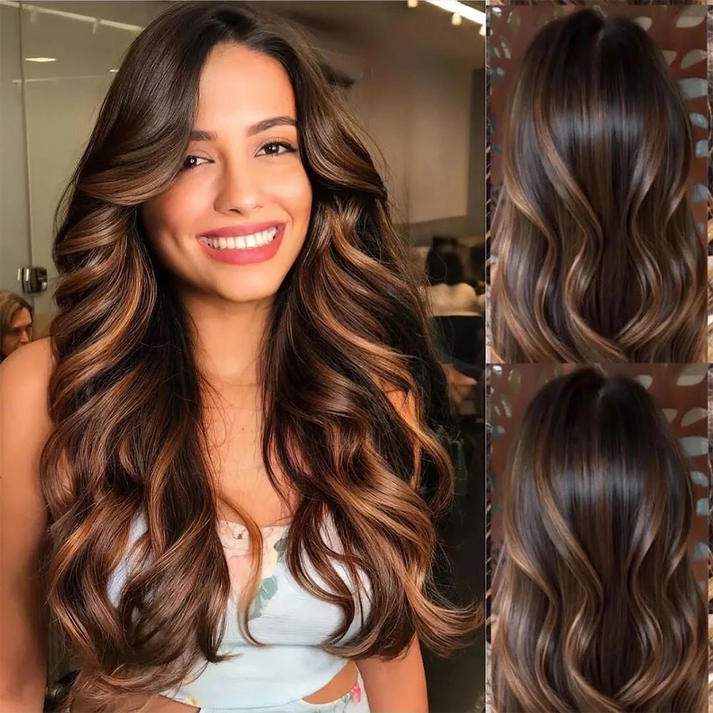 

Синтетический парик с кружевной передней частью 13x4, цвет каштановый с светлыми мелиями, для женщин, термостойкий, без клея, длинный волнистый, смешанный с человеческими волосами