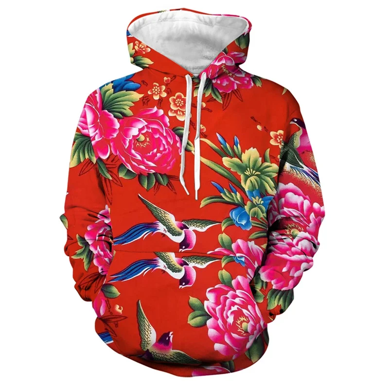 Men\'s 3d Print Floral Hooded Sweatshirt Chinese DongBei Style Flowers Graphic Hoodie Long Sleeves Pullovers Tops Women Clothes