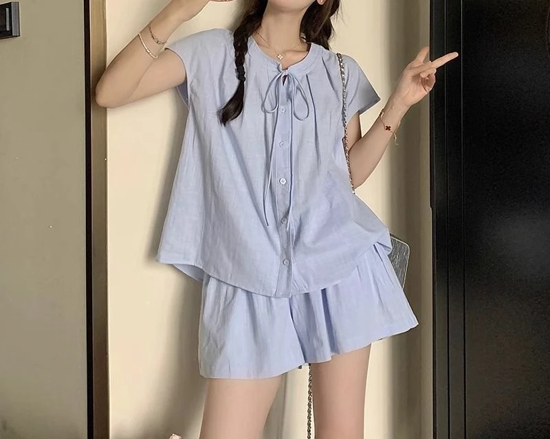 

2025 New Beautiful Dressing Set Women's Blue Top A-line Wide Leg Shorts Casual Fashion Two Piece Set