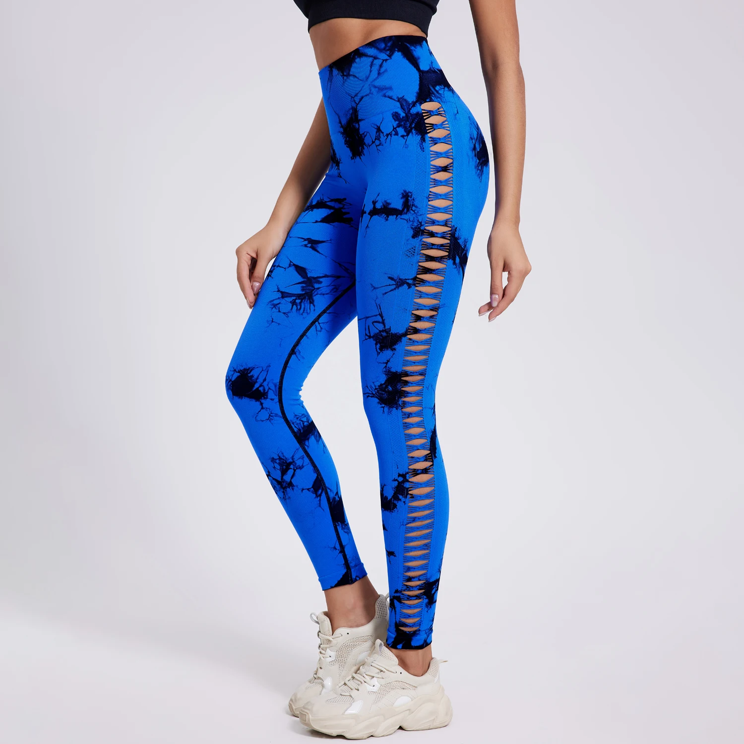 CHRLEISURE Tie Dye Seamless Yoga Pants for Women Sexy Hollow Sport Leggings Fitness Cycling Tights