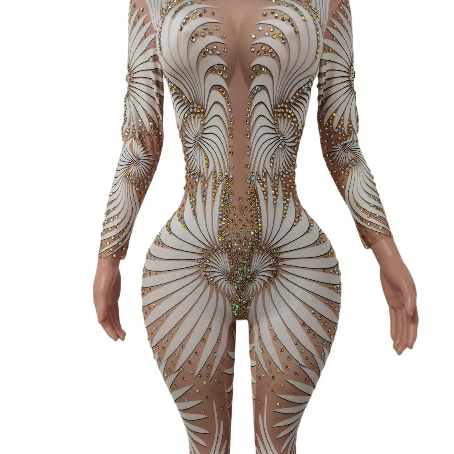 여성 긴 소매 점프 슈트 우아한 럭셔리 투명한 성능 섹시한 무대 생일 점프 슈트 럭셔리 가수 클럽 Feibiao