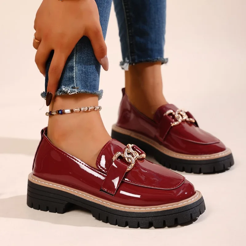 Women's Brown Patent Leather Chain Loafers - 4.5cm Lug Sole Platform Block Heel Preppy Shoes for Daily & Office Wear