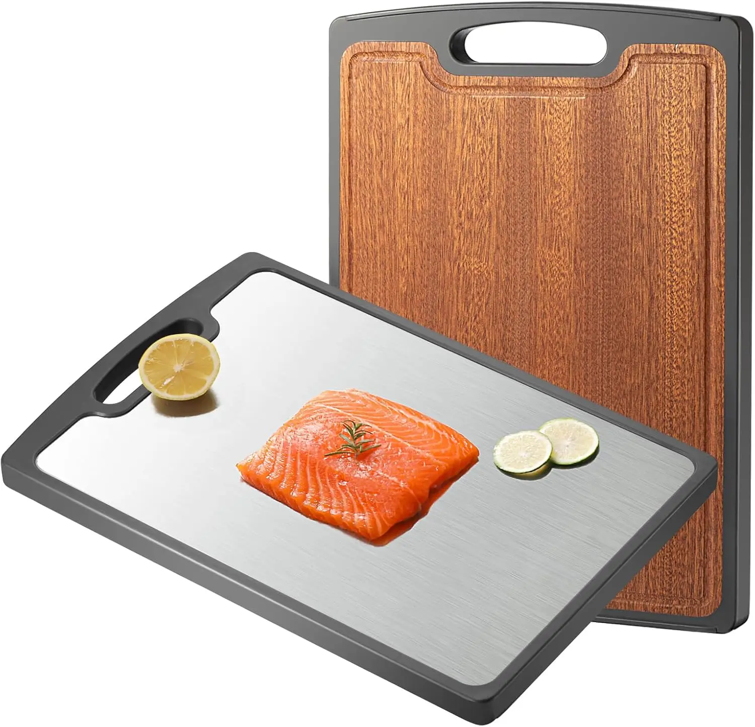 

Double-Sided Titanium and Wood Cutting Board, 15" Large Chopping Board with Juice Groove for Meat and Veggies