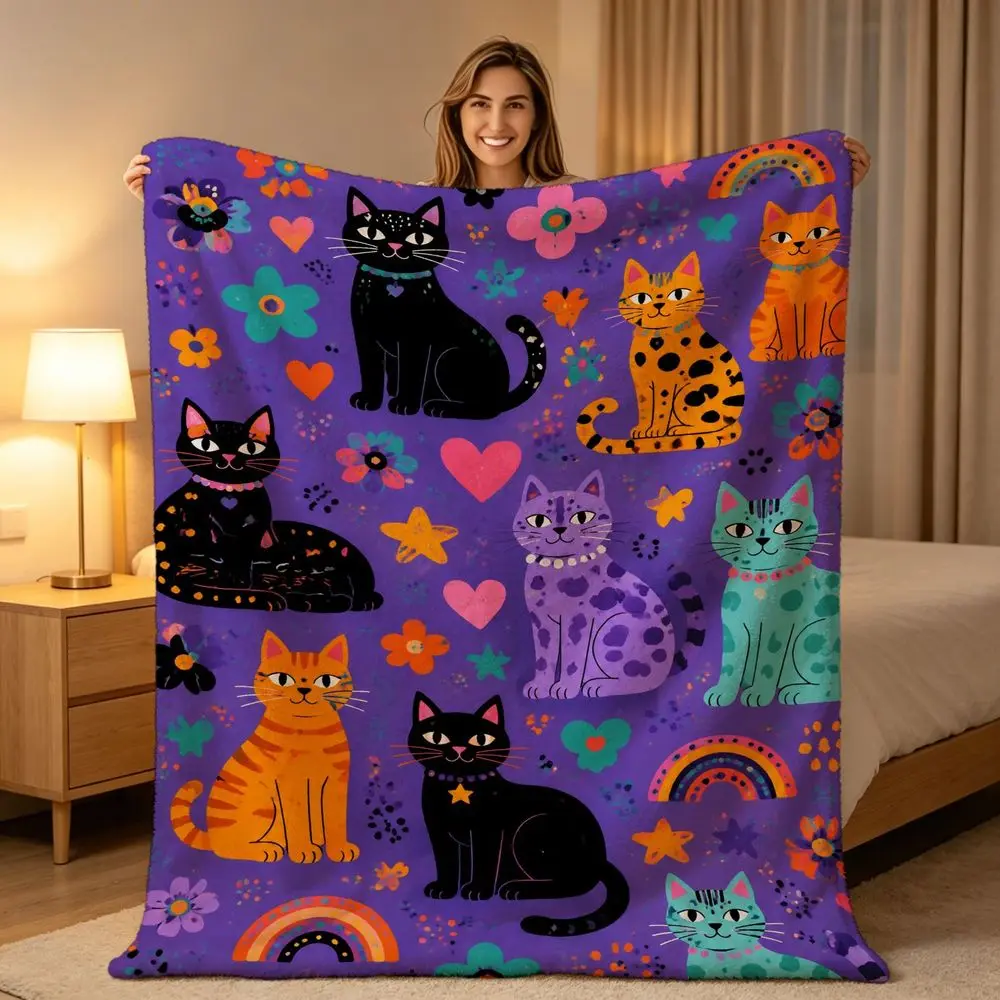Boho Psychedelic Cat Pattern Fleece Throw Blanket with Colorful Cartoons Hearts Flowers Stars Rainbows Deep Purple Cozy Soft Warm for Sofa Bed Couch Travel Camping Office Home Decor