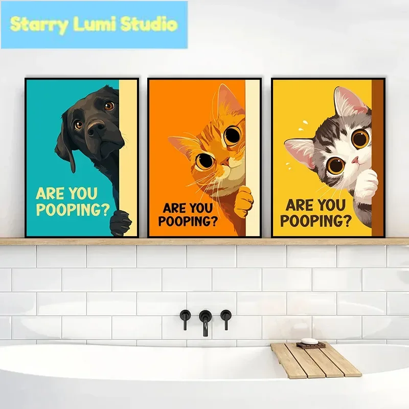 

Are You Pooping Posters Funny Bathroom Sign Diamond Prints Cute Dog Cat Capybara Art for Painting Wall HD Pictures Toilet Deco