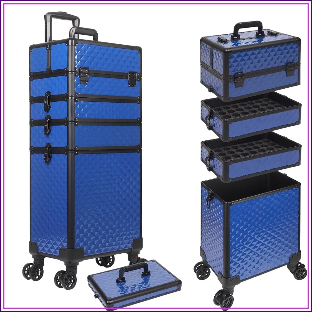 large makeup train case rolling on wheels, 5 in 1, organizer