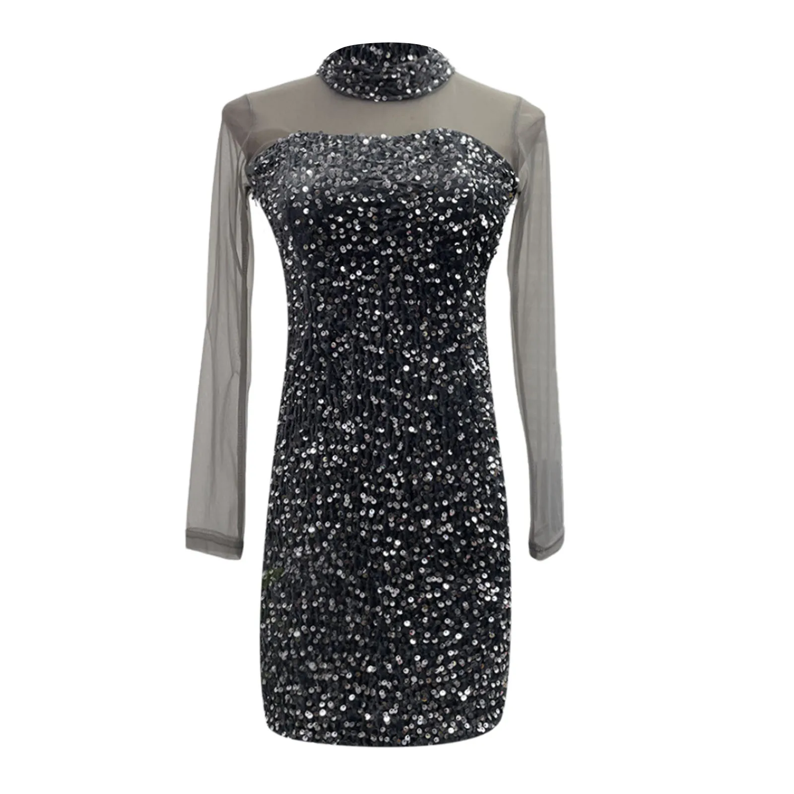 Women Summer Casual Dress Fashion Black Sequin Glitter High Neck Mesh Mini Dress for Women's Sexy Party Club Wear