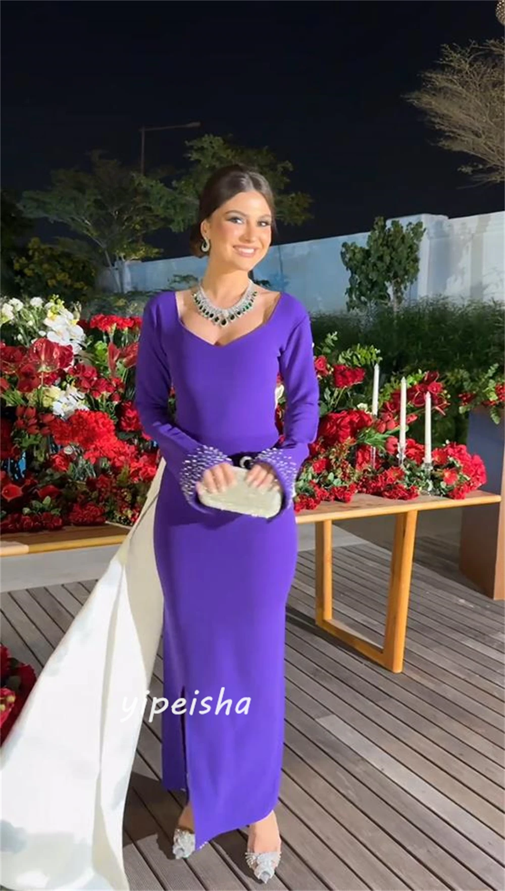 Satin Beading Draped Valentine's Day Sheath O-Neck Bespoke Occasion Gown Long Sleeve Dresses