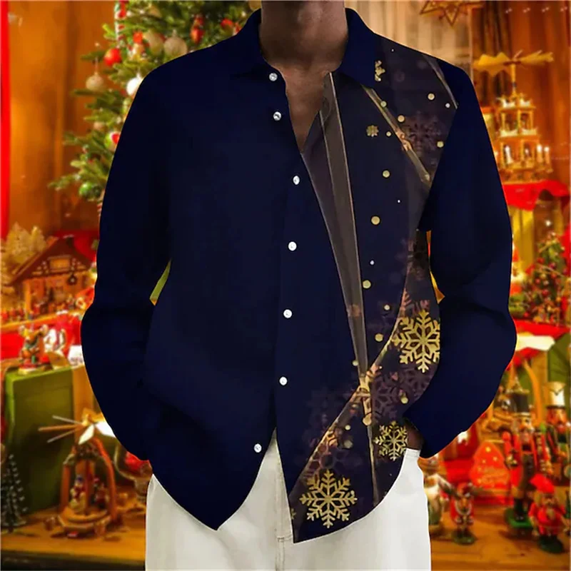 New Men's Shirt Party Style Christmas Deer 3D Printed Shirt Long Sleeve Button Lapel Top Men's New Year Christmas Shirt XS-6XL