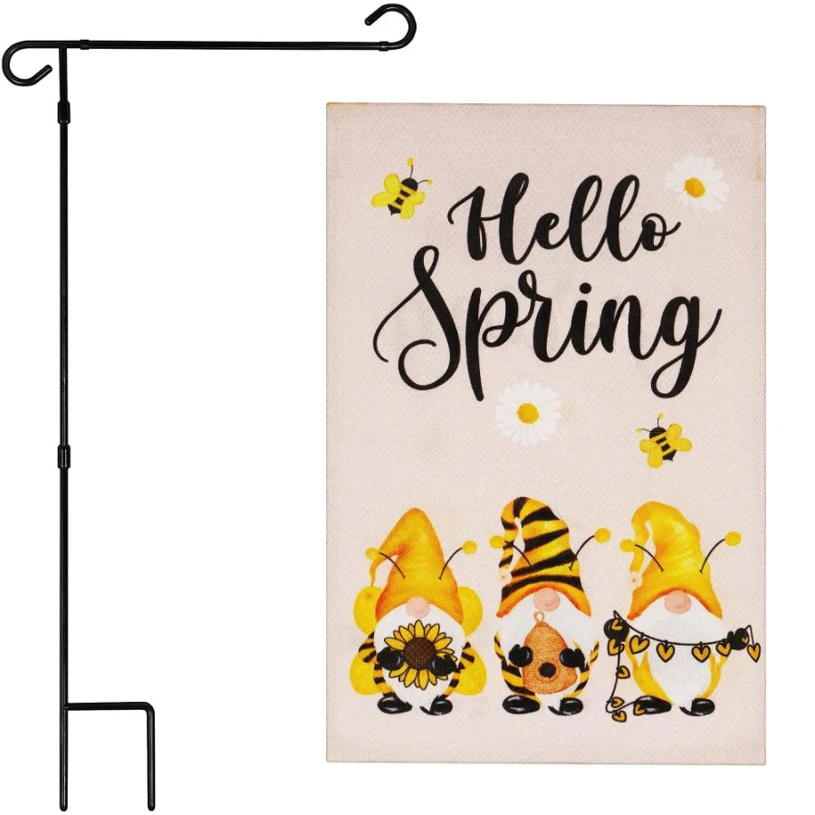 

Combo Pack Garden Flag Stand Black 36x16 in Garden Flag H Spring Dration Three Bee Gnomes 12x18 inch DoubleSided Burlap Fabric