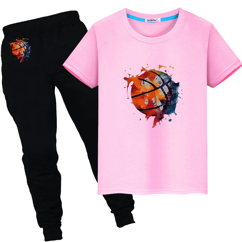 Basketball Print 100%Cotton T-shirts Kawaii Short Cute TShirts Sports Sets Tops+pant Summer Boy girls clothes y2k child Day gift