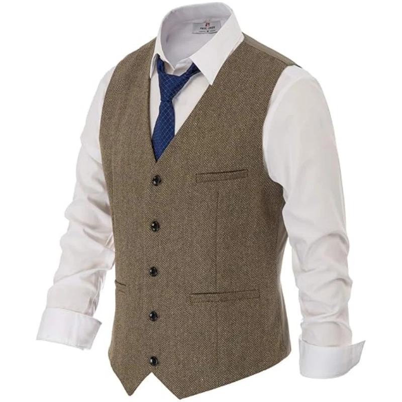 Men Vest Brown Herringbone Casual Business V Neck With Waistcoat For Wedding Groomsmen Banquet Work Set Men Vest