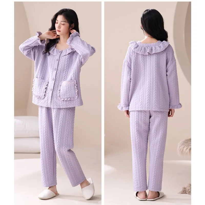 2023 Autumn Winter New Sleepwear Women's Thickened Loungewear  Air Cotton Interlayer Long Sleeve Pants Sweet Style Homewear