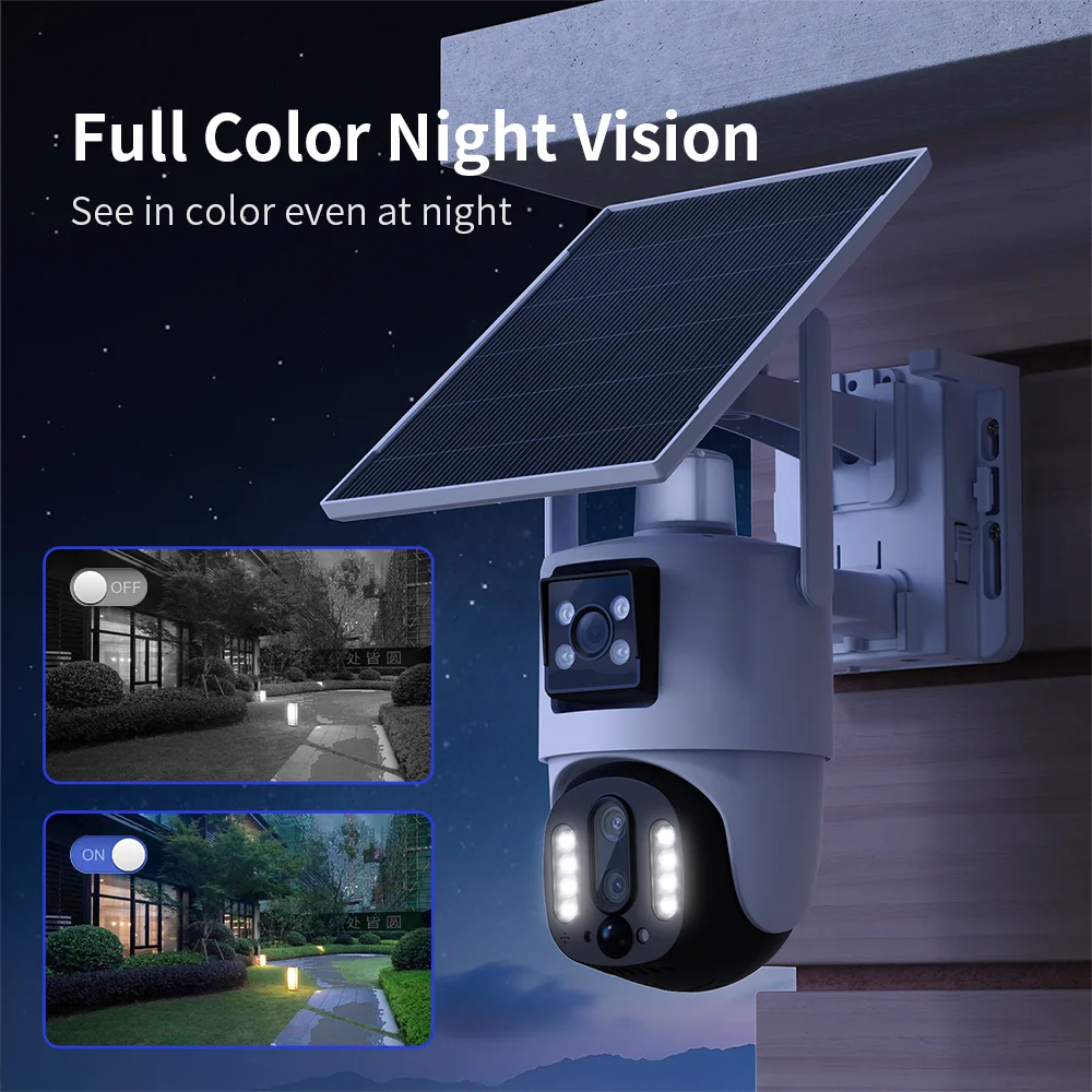 8MP Wireless Solar Camera Dual lens WiFi PTZ Camera Outdoor Built-in Battery Video Surveillance Camera Long Time Standby iCsee