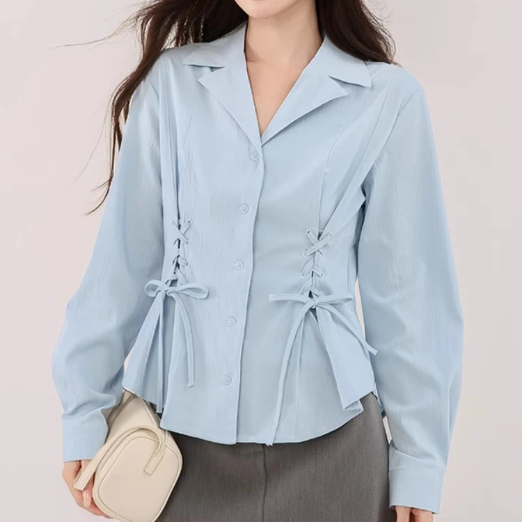 

Elegant French Blue Button Down Shirt Women Long Sleeve Slim Fit Tops Unique Design