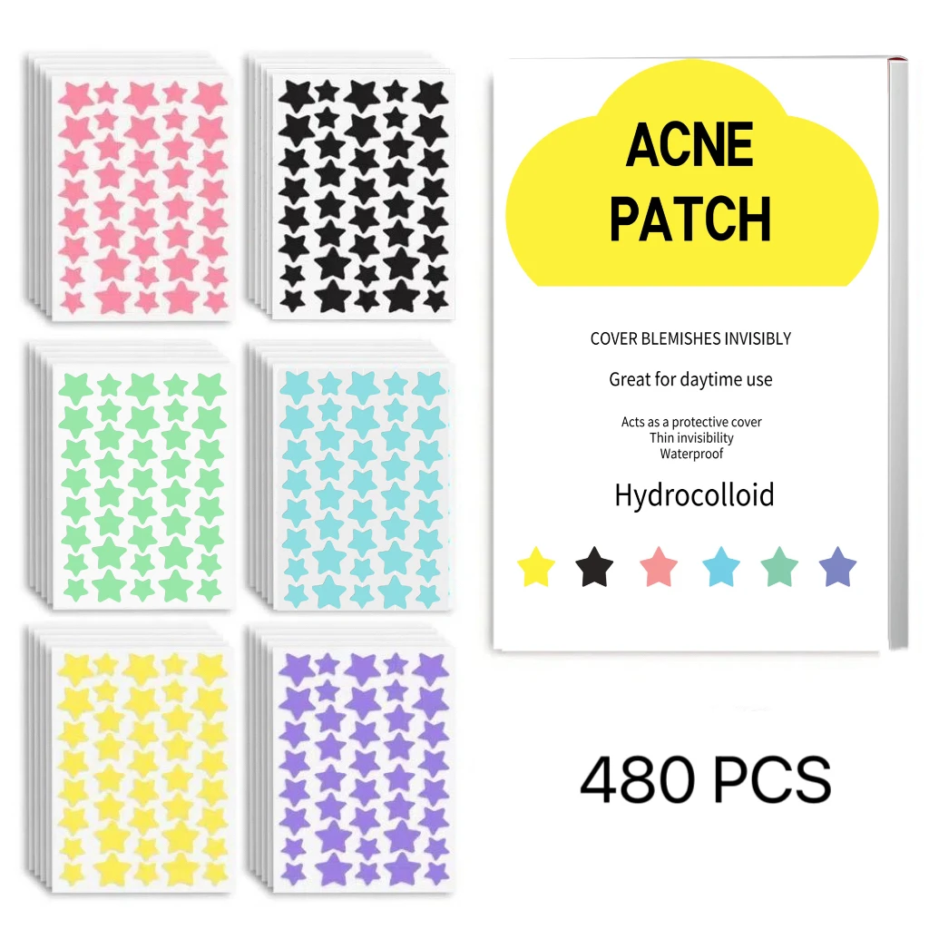 480PCS star-shaped acne patches in 6 colors, suitable in size, must-haves for makeup, seductive, charming, and alluring.