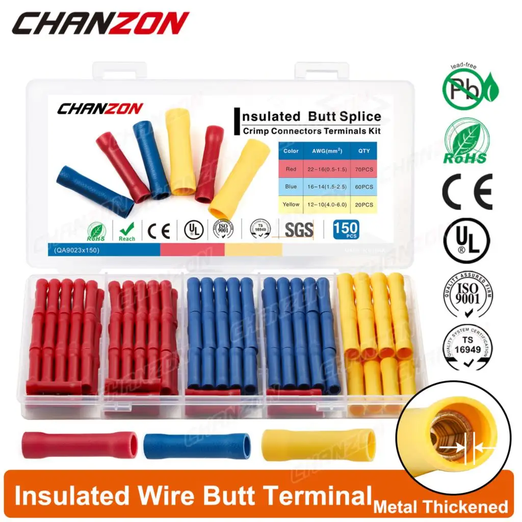 

150PCS Bv1.25 Bv2.5 Bv5.5 Insulated Wire Joint Butt Terminals Kit PVC Cord Electrical Cable Wirefy Splice Crimp Tool Connectors