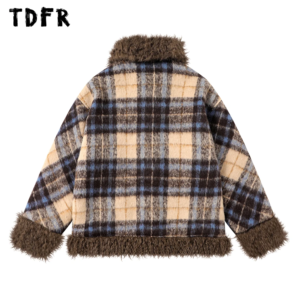 Retro Plaid Woolen Padded Jacket Mens Streetwear Winter Thick Lapel Spliced Single Breasted Long Sleeve Quilted Jacket Men