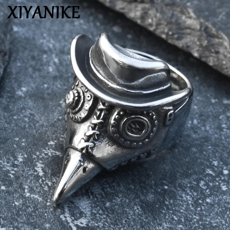 XIYANIKE Men Women Vintage Thai Silver Gothic Plague Doctor Skull Finger Rings Hip Hop Fashion New Jewelry Gift Party Rock