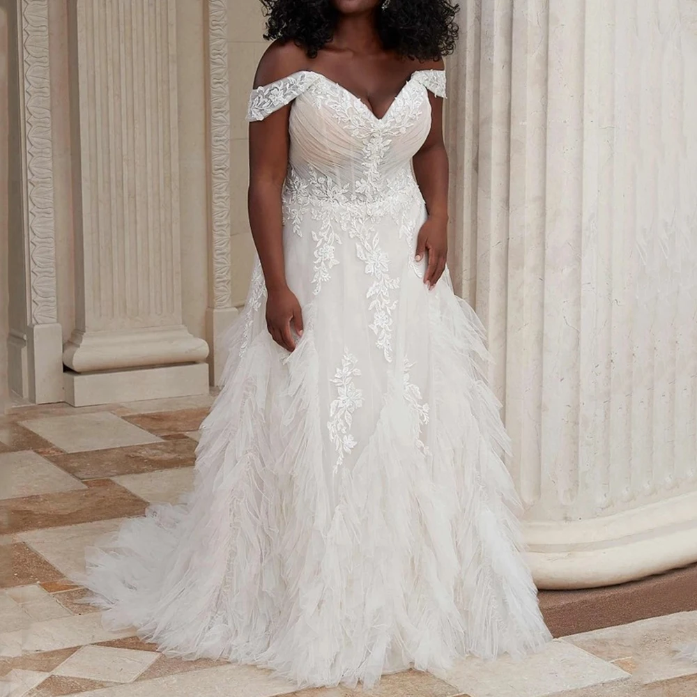 Charming Ruffles and Applique Wedding Dress V-Neck Off the Shoulder Tulle A-Line Floor Length Open Back Bride Sweep Train Gowns