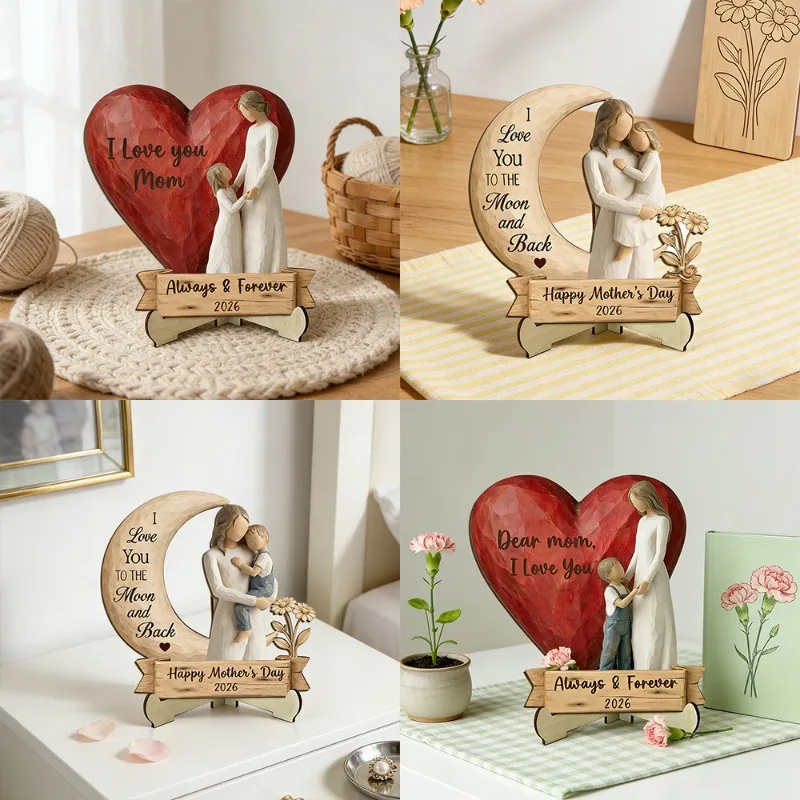 Mother's Day limited wooden ornaments, love moon hug shape, gratitude home table ornaments