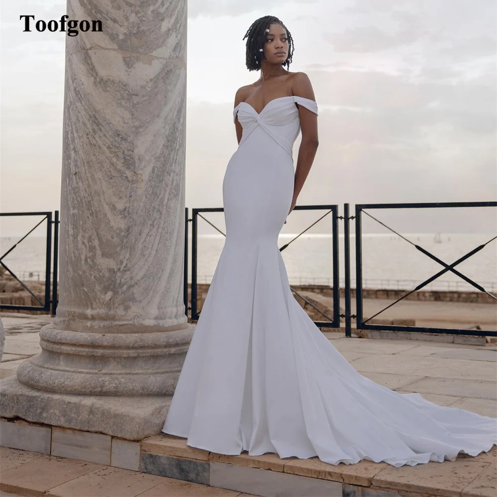 

Toofgon White Mermaid Wedding Dresses Sexy Off The Shoulder Backless Sweep Train Bridal Gowns Women Formal Bride Party Dress