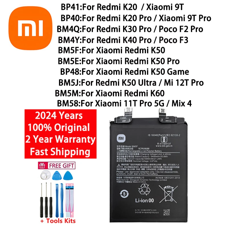 2024 Years Original Battery For Xiaomi Redmi Mi K20 K30 K40 K50 K60 Poco F2 F3 9T 11T Pro 5G Mix 4 12T Pro Game UItra Batteries