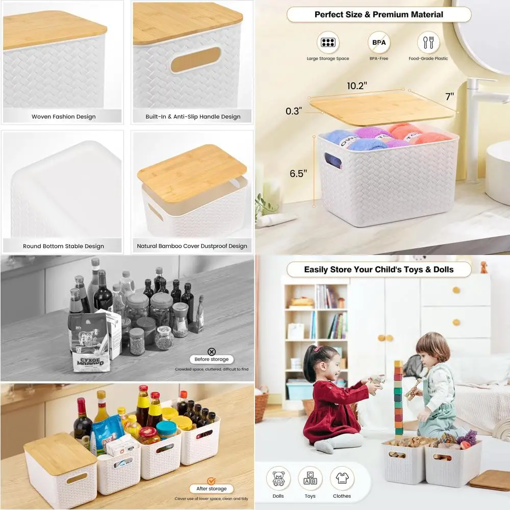 

Stackable Bamboo-Lid Plastic Storage Bins, 4-Pack: White Organizer Boxes for Home, Office, and Classroom