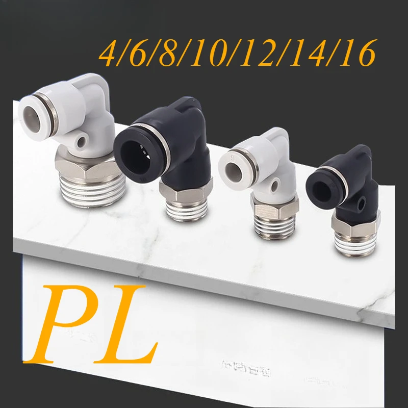 ‌PL4 Series Black Pneumatic Fittings - 90° L-Shaped Quick Connect Coupler M5/M6/M8 Thread for Air Compressor & Automation